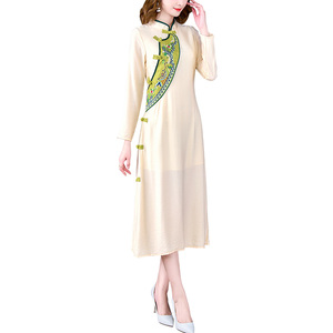 RM24870#复古中国风刺绣连衣裙显瘦长袖改良旗袍女中长裙子