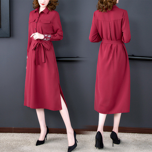 RM23348#连衣裙女国风复古收腰衬衫裙 刺绣花宽松垂感过膝裙女裙