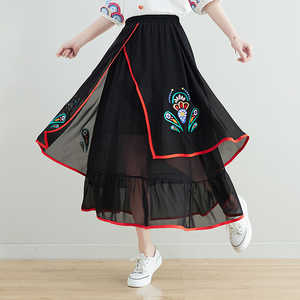 RM24860#春夏新款绣花雪纺半身裙民族风中长裙复古文艺大摆裙女裙子