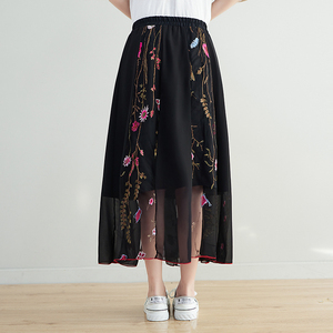 RM24858#复古民族风刺绣半身裙 春夏女气质中长裙 网纱绣花大摆裙女