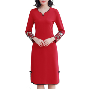 RM24868#复古绣花连衣裙女中长款修身显瘦改良旗袍裙女打底女裙子