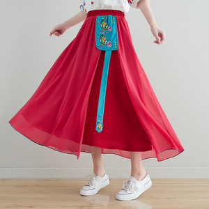 RM24859#春夏民族风女装半身裙文艺复古中国风雪纺绣花大摆中长裙女