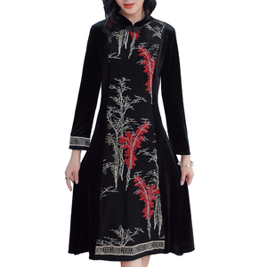 RM24869#中国风改良旗袍连衣裙女 绣花金丝绒立领中长款裙子女