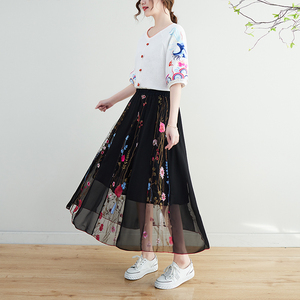 RM24858#复古民族风刺绣半身裙 春夏女气质中长裙 网纱绣花大摆裙女