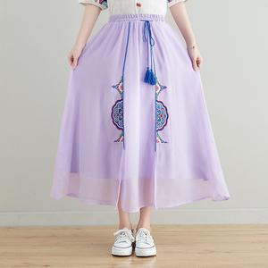 RM24861#春夏民族风女装复古中长绣花裙女流苏绑带纱裙半身大摆裙女