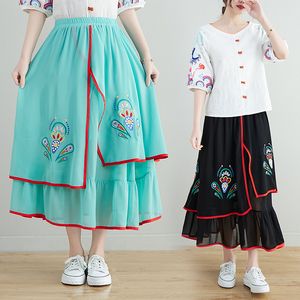 RM24860#春夏新款绣花雪纺半身裙民族风中长裙复古文艺大摆裙女裙子