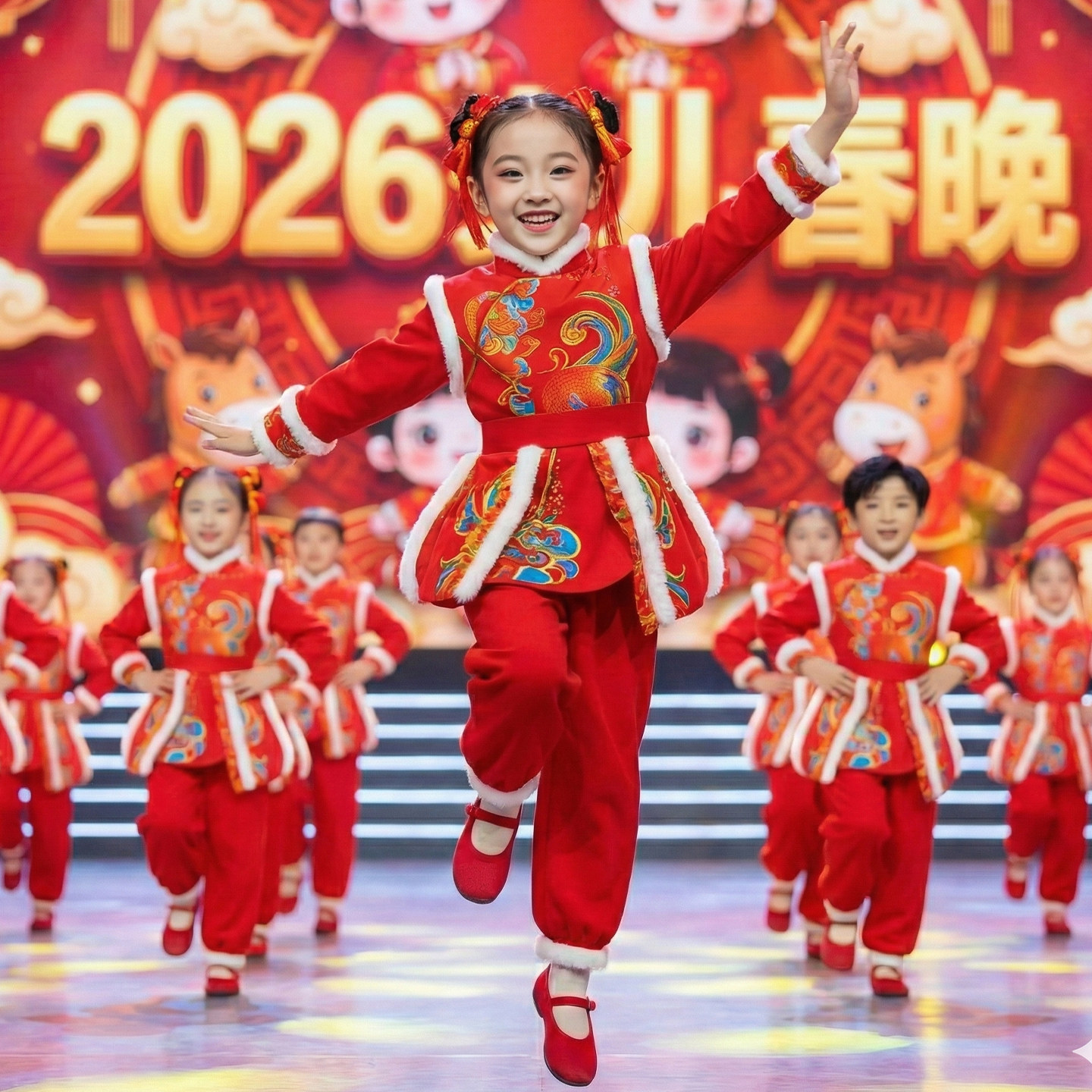 元旦儿童中国红色过年喜庆秧歌开民族服装/舞台装