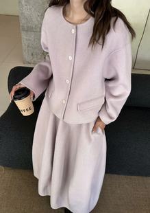 高腰显瘦花苞长裙两件套 圆领双排扣羊毛呢外套 小香风新款 时尚