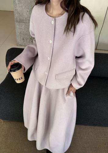 小香风新款时尚圆领双排扣羊毛呢外套+高腰显瘦花苞长裙两件套
