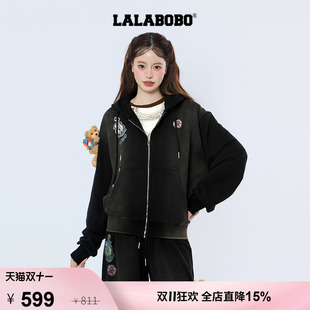 【背包客小熊】LALABOBO卫衣女26秋新黑色做旧立体玩偶连帽外套