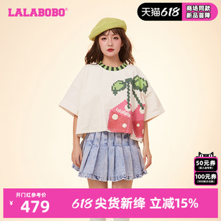 WSDT36 LALABOBO24春新款 甜美可爱复古做旧骰子水果圆领T恤女LBDA