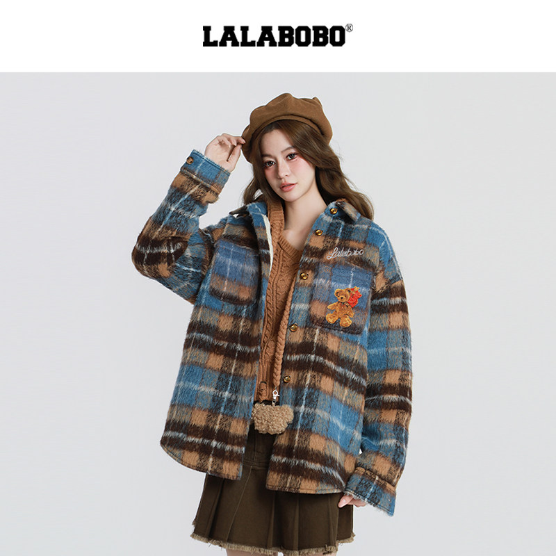 【商场同款】LALABOBO格纹毛呢外套25年冬新潮原创保暖高级