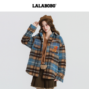 LALABOBO格纹毛呢外套25年冬新潮原创保暖高级感大衣 商场同款