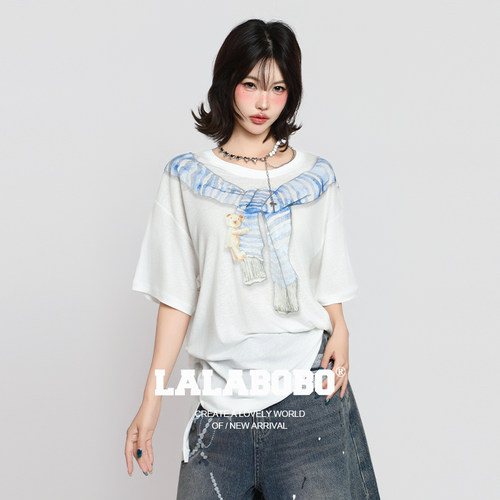 LALABOBO张婉儿围巾视错短袖T恤