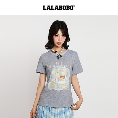 LALABOBO拥抱小熊针织灰色短袖T