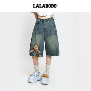 李小冉同款玩偶小熊LALABOBO牛仔短裤26夏新直筒五分裤显腿长裤子