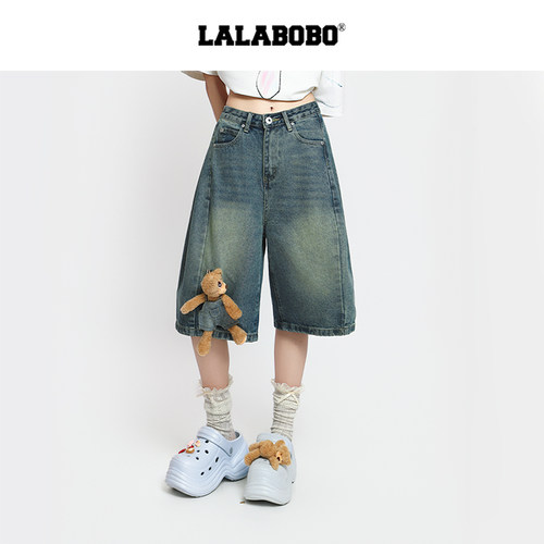 LALABOBO立体小熊牛仔短裤