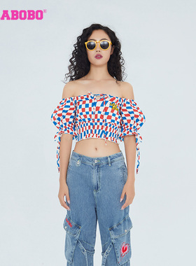 LALABOBO春新品打底衫百搭可爱风方领短袖梭织上衣女|LBCB-WSWC18