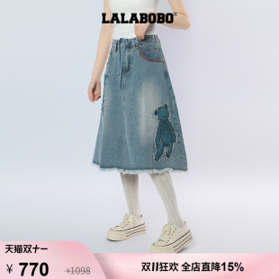 【拾空梦偶记】LALABOBO牛仔裙26年秋新潮贴布小熊高腰A字半身裙