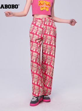 LALABOBO秋季新品时尚毛毛熊满印阔腿梭织休闲长裤女|LBCB-WXZC12