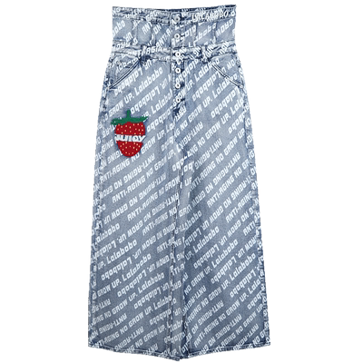 LALABOBO刺绣阔腿字母高腰牛仔裤