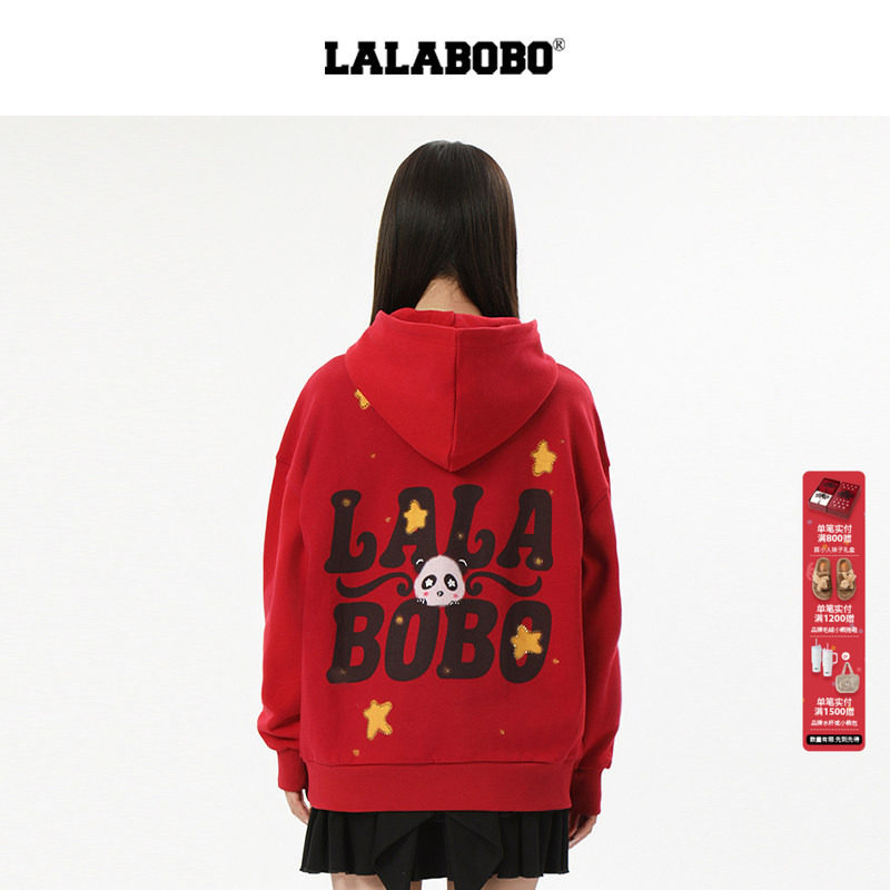【商场同款】LALABOBO26年春新年红卫衣女新款潮熊猫盘扣连帽上衣,女装/女士精品,卫衣/绒衫,淘宝优惠券,粉丝福利购,淘宝优惠卷