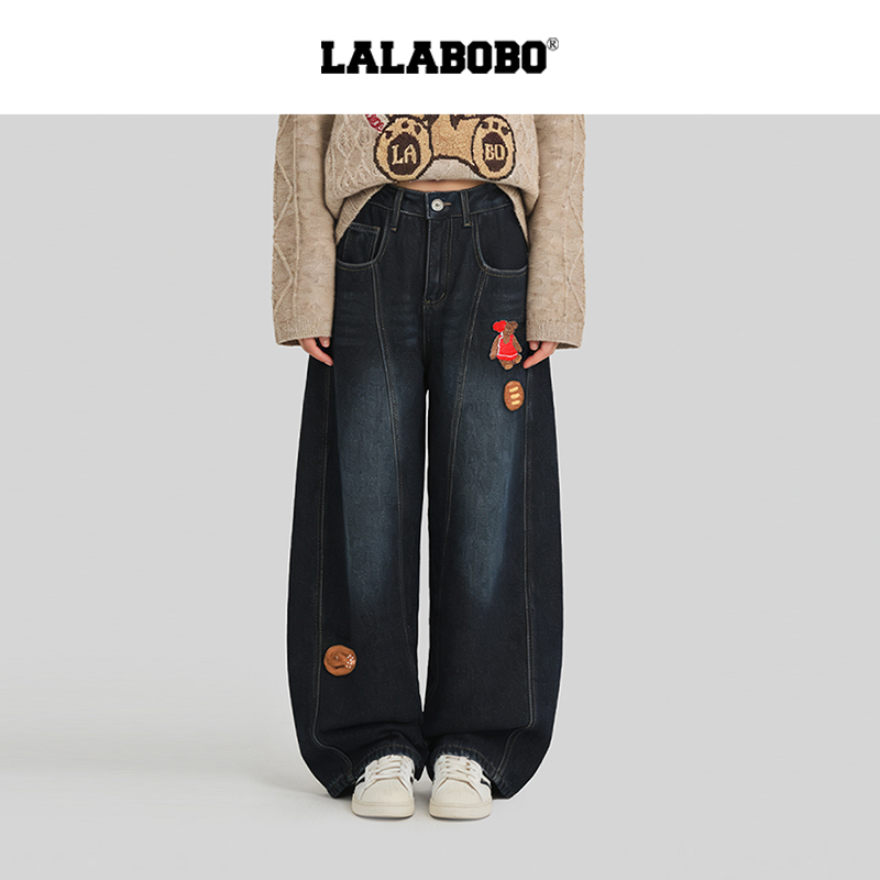 LALABOBO面包小熊牛仔加绒裤