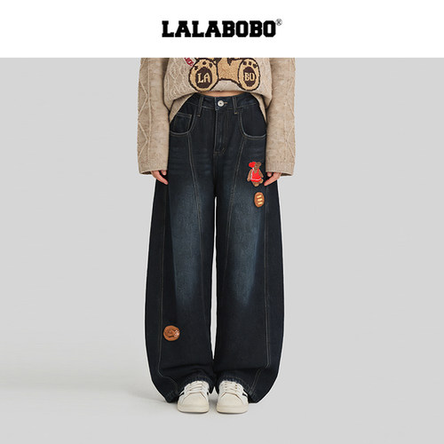 LALABOBO面包小熊牛仔加绒裤