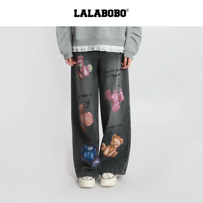 LALABOBO可爱小熊图案牛仔裤