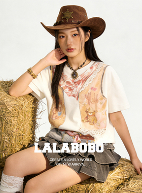 【西部小熊】LALABOBO假两件T恤26年夏夏原创牛仔风高街短袖上衣