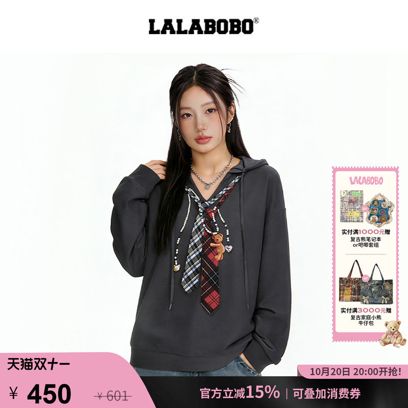 【视错】LALABOBO假两件卫衣T恤26年夏夏潮原创高街连帽长袖上衣