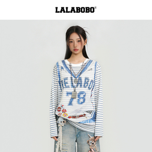 【视错系列】LALABOBO假两件T恤26年春夏原创校园风圆领长袖上衣