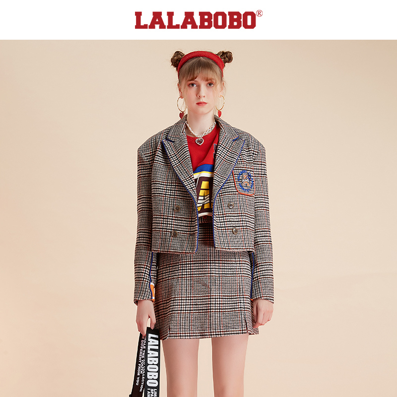 lalabobo复古直筒格纹包边短西装