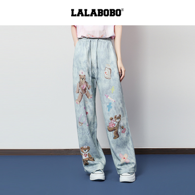 LALABOBO复古小熊仿牛仔针织裤
