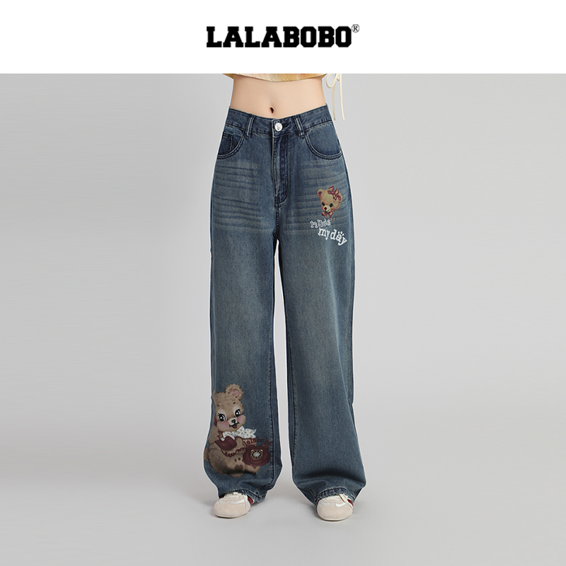 LALABOBO饼干熊图案牛仔长裤