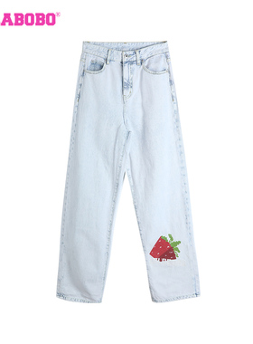 LALABOBO25春季新款可爱甜美骰子水果男友牛仔长裤女|LBDB-WXZC19