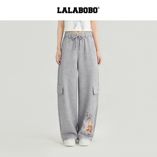 26年夏新潮原创运动风弯刀显瘦裤 LALABOBO针织长裤 子 拥抱小熊