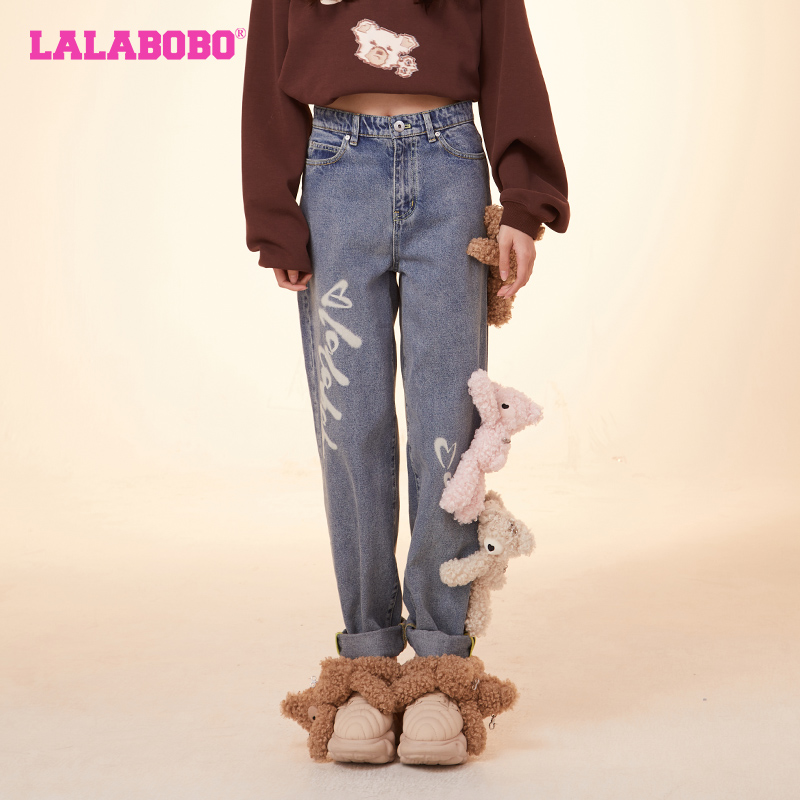 LALABOBO玩偶熊复古休闲牛仔裤