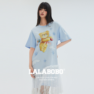 【商场同款】LALABOBO T恤连衣裙夏新款女原创潮短袖蕾丝裙子