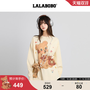 百搭上衣 电话熊LALABOBOT恤25年秋新圆领印花长袖 江向北同款