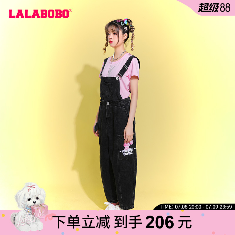 元气兔子宽松背带牛仔裤