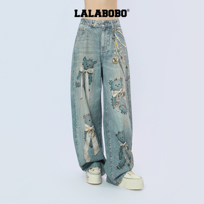 LALABOBO蝴蝶结阔腿牛仔裤