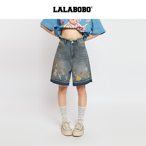 LALABOBO贴纸牛仔五分裤