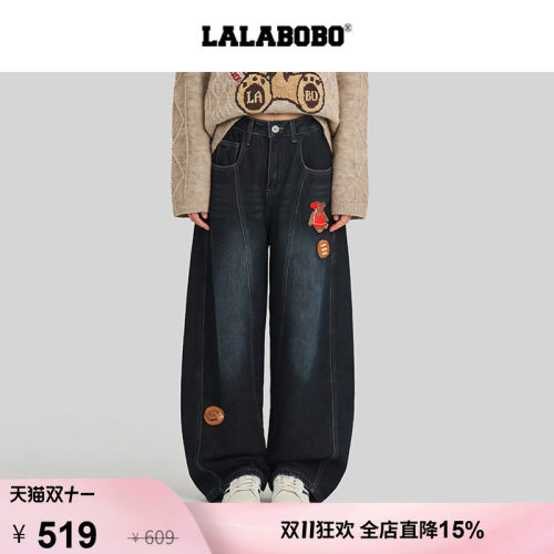 LALABOBO面包小熊牛仔加绒裤