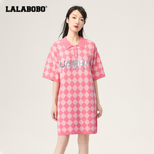 LBCB 连衣身裙 WLZY14 新潮流百搭翻领毛织短袖 多巴胺LALABOBO春季