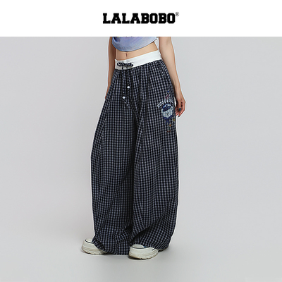 LALABOBO格子直筒梭织长裤