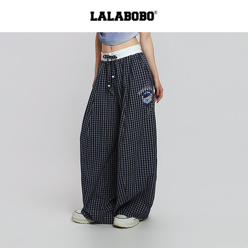 LALABOBO格子直筒梭织长裤