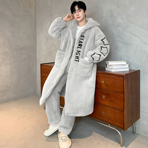 秋冬季男士睡衣加厚浴袍法兰绒加绒睡袍冬天珊瑚青少年家居服套装