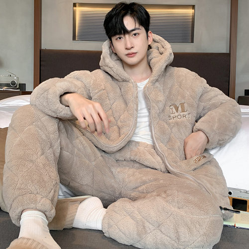 【居家睡衣男三层夹棉连帽套装】