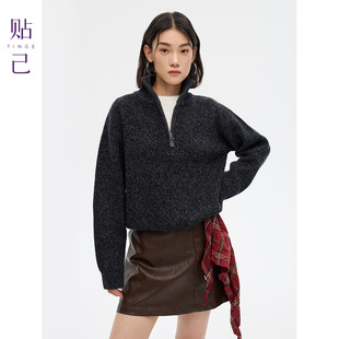 TINGE贴己100%纯羊毛立领拉链针织外套女秋冬保暖显型羊毛衫上衣